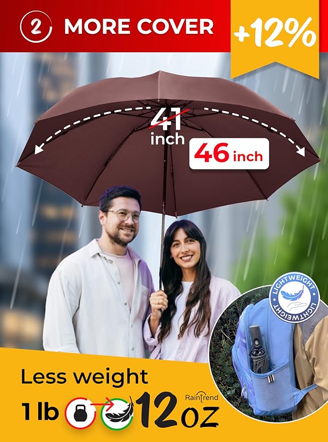 Raintrend Windproof Travel Umbrellas for Rain Automatic +10% Bigger Canopy Strong Frame Compact Folding Portable Umbrella for Women Men Backpack Purse