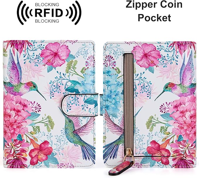 Passport Holder for Travel Essentials, RFID Blocking Passport Wallet Cover with Magnetic Closure, Passport Book Holders for Women and Men (Flowers and Hummingbirds)