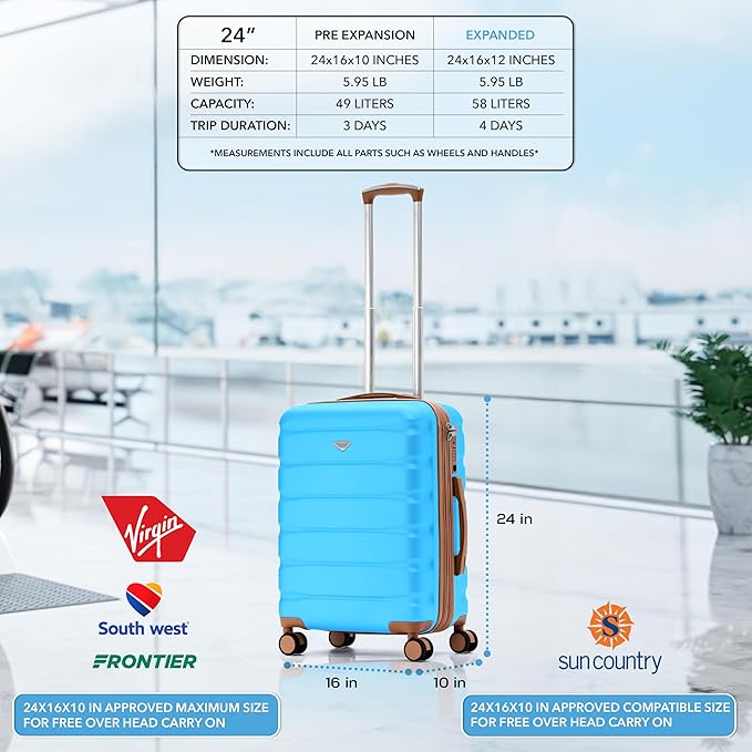 Flight Knight 24x16x10 Expandable Carry On Suitcase Hardside TSA Lock USB C Lightweight Luggage Silent Double Spinner Wheels Maximum Overhead Carry-On Bag Virgin South West Approved Turquoise/Tan