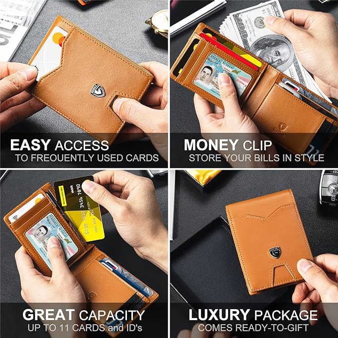 GSOIAX Slim Wallet for Men Rfid Blocking Leather Bifold Front Pocket Carbon Fiber Credit Card Holder Novelty Wallets With Gift Box (Brown)
