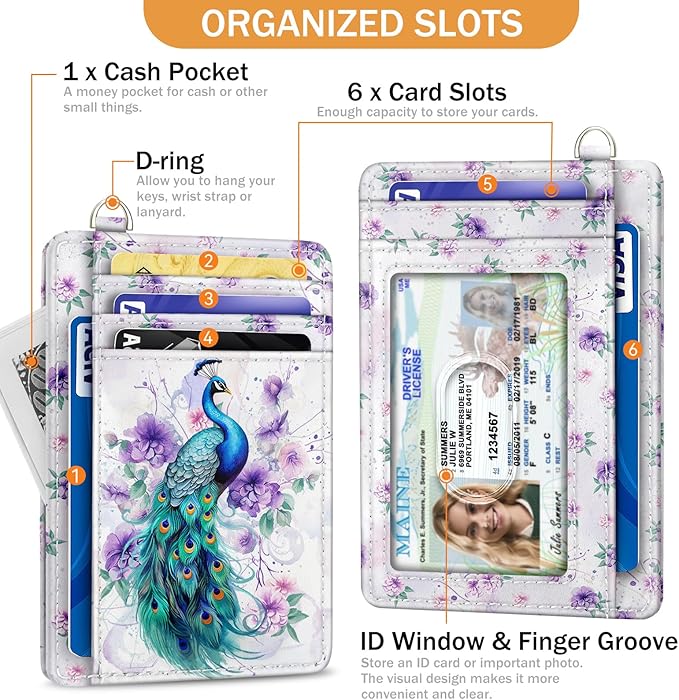 Yonlevres Peacock Credit Card Holder Slim Wallet, RFID Wallet Women Front Pocket Wristlet Lanyard, Small Card Holder Travel Funny Cute Thin ID Window PU Leather Case Organizer Gifts Girls