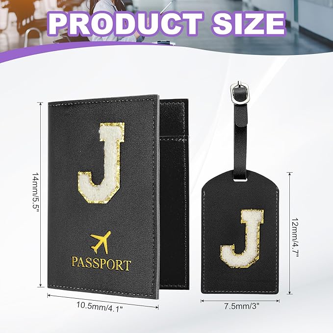 PATIKIL Passport Holder for Travel, Initial Passport Cover and Luggage Tag Set with Alphabet Chenille Letter Patch Travel Wallet Bag Suitcase Identifier for Women Family Travel Black J