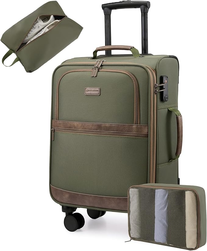 LOVEVOOK Carry On Luggage 22x14x9 Airline Approved,20 Inch Suitcases with Spinner Wheels,Softside Carry-on Suitcase with TSA Lock for Men Women Business Trip Weekender Travel,Green&Brown