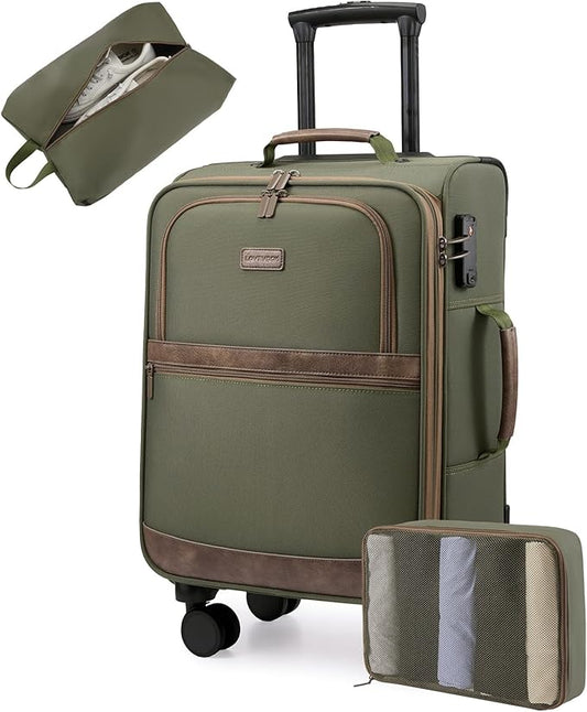 LOVEVOOK Carry On Luggage 22x14x9 Airline Approved,20 Inch Suitcases with Spinner Wheels,Softside Carry-on Suitcase with TSA Lock for Men Women Business Trip Weekender Travel,Green&Brown