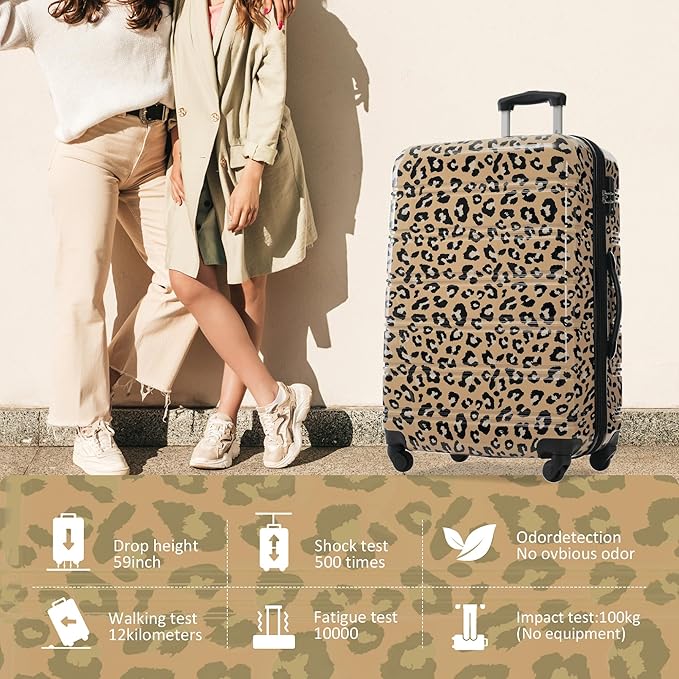 Merax Luggage Sets 3 Piece, Hardside Expandable Suitcase Set with Spinner Wheels, Lightweight Leopard Luggage 20+24+28 IN,Leopard Brown