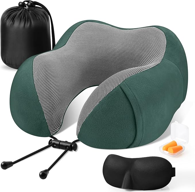 CloudBliss Travel Pillow Premium Memory Foam, Comfortable & Supportive Neck Pillow, Sleeping Neck Pillows for Travel, Airplane Pillow for Sleeping Airplane, Car, Office and Home（Green）