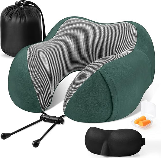 CloudBliss Travel Pillow Premium Memory Foam, Comfortable & Supportive Neck Pillow, Sleeping Neck Pillows for Travel, Airplane Pillow for Sleeping Airplane, Car, Office and Home（Green）