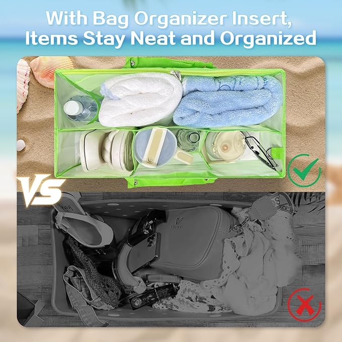 XYFuuee Beach Bag Organizer Inserts for Original Large Bogg Bag Accessories with 8 Removable Metal Fasteners, Lightweight Mesh Insert Divider Pouch, Organizing Rubber Tote, Save Space, Green XL