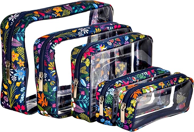 TSA Approved 5-Piece Diaper Bag Organizer Pouch Set Clear Waterproof TPU Kids Toiletry Storage Set Travel Packing Clutch Cube Bags for Baby Nursing(Flower)