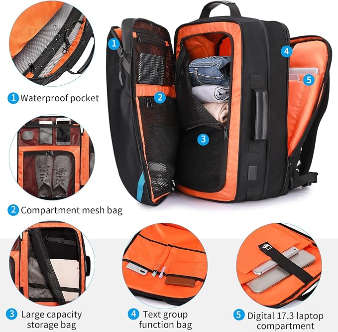 TANGCORLE Travel Carry on Backpack, Extra Large Expandable 45L Backpack for Flight approved, 17.3" Laptop with USB Charging Port Backpacks, Water Resistant Computer Business Backpack for Men & Women