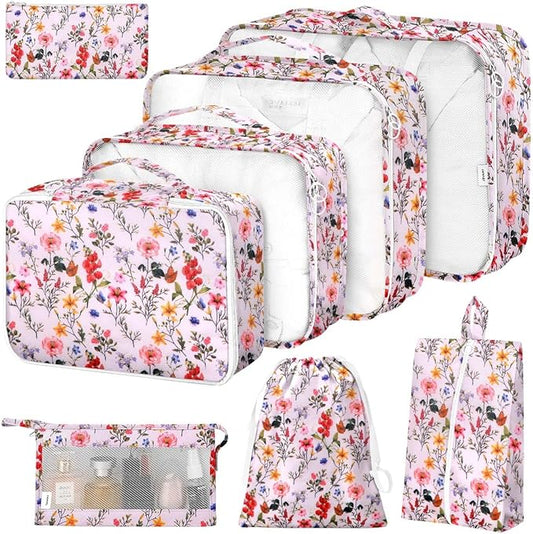 8 Set Packing Cubes for Suitcases, Packing Cube with Shoe, Cosmetics, Clothing, and Accessories Bags for Travel Luggage Organizer Women Men(Retro Flowers)