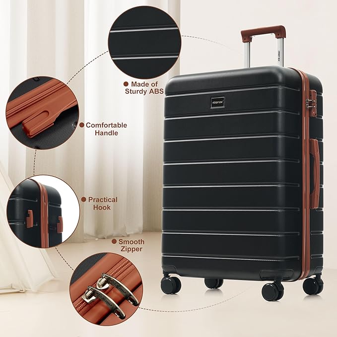 Merax Luggage Sets 3 Piece, Hardshell Lightweight Suitcase with Spinner Wheels, BLACK+ABS, 20/24/28 Inch
