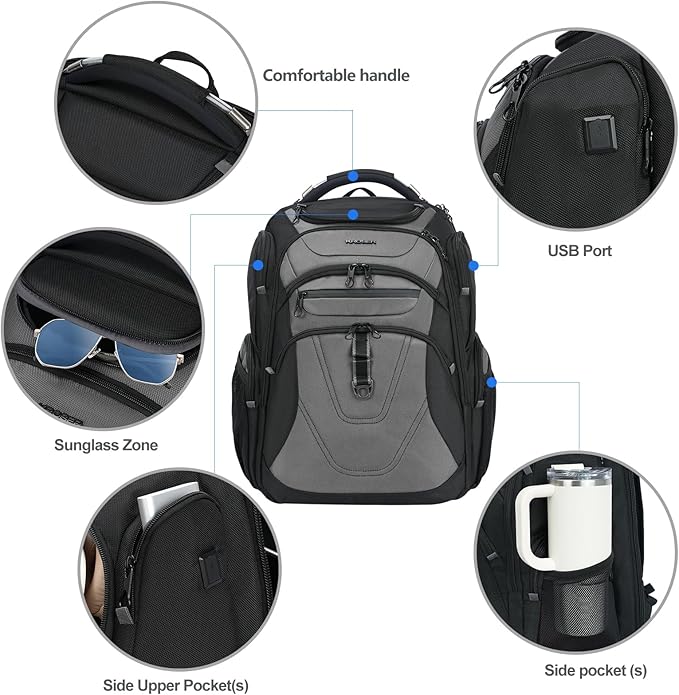 KROSER Friendly Travel Laptop Backpack 18.4 inch XXXL Gaming Backpack Water-Repellent College Daypack Business Backpack with RFID Pockets & USB Port for Men/Women-Black/Grey