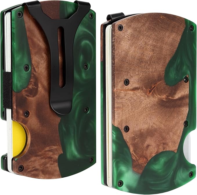 Carbon Fiber Minimalist Wallet for Men Credit Card Holder Money Clip & Cash Strap Slim RFID Mens Wallets,Resin Natural Walnut Wood,Unique Pattern,Green