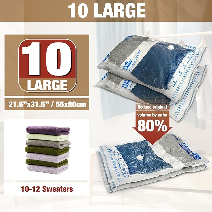 Vacuum Storage Bags, 10 Large Space Saver Vacuum Seal Bags, Space Bags for Clothes, Blankets, Bedding (10L)