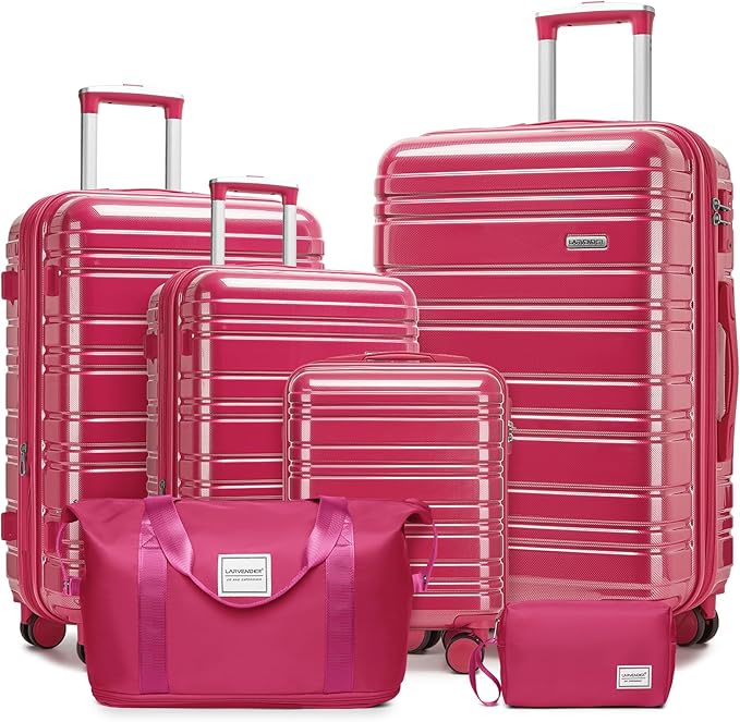 LARVENDER Luggage Sets 6 Piece Hardside Expandable Suitcase with Wheels TSA Lock, PC+ABS Hardshell Lightweight Travel Luggage Sets for Women, Glossy Verry Berry, 6 Piece Set
