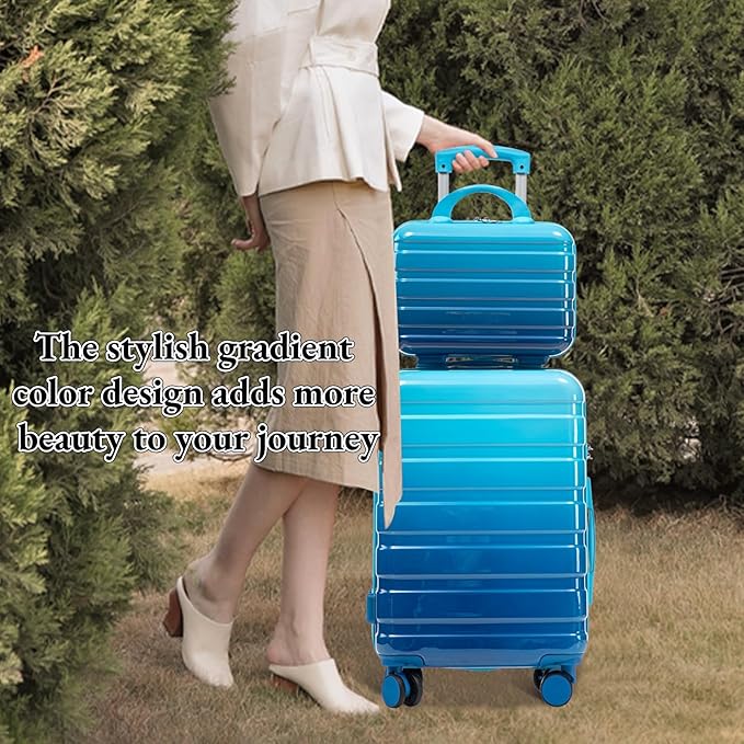 Gradient Blue-Navy Blue Luggage Set 14" & 20" - 2 Piece PC Spinner Wheel Suitcases with Combination Lock, Lightweight Carry On for Business & Vacation
