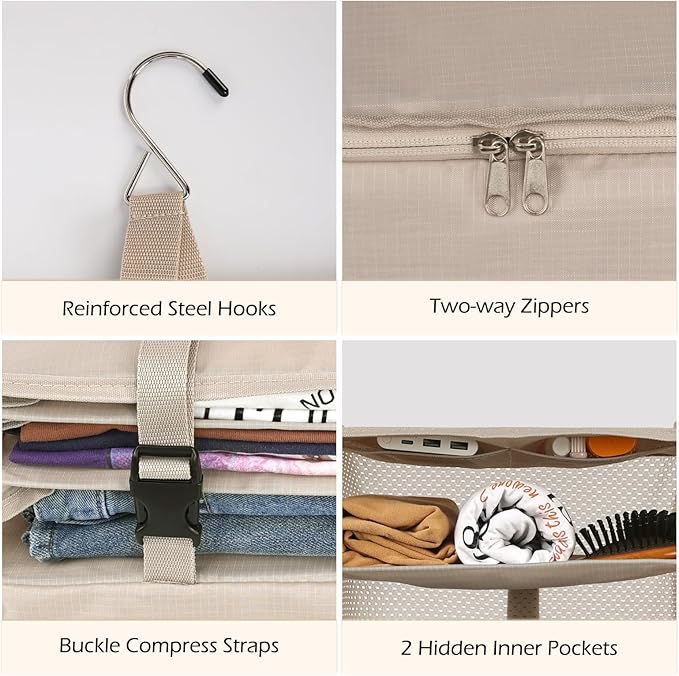 Surblue Hanging Closet Storage Bag Collapsible 3-Shelf Washable Oxford Fabric with 2 Hooks (XL 17.71 * 11.81 * 20in, Beige)