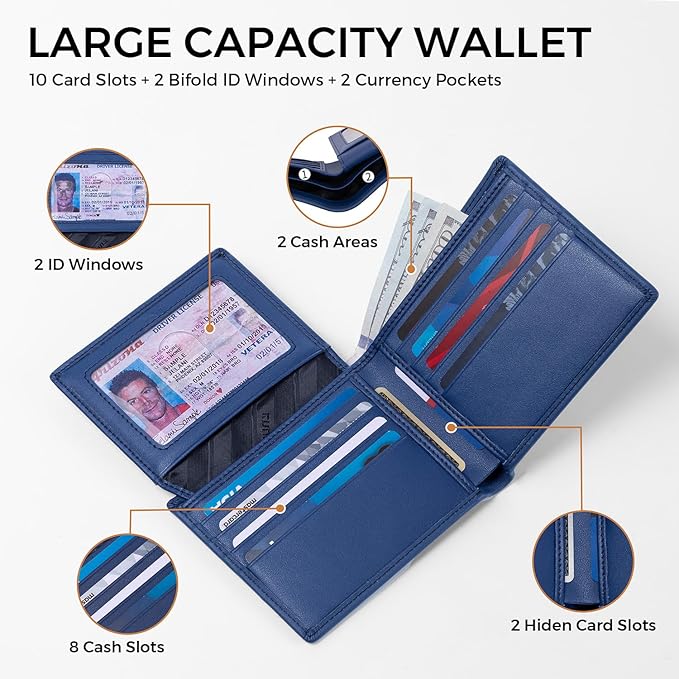 RUNBOX Leather Wallet for Men, Genuine Leather Mens Wallet Bifold Rfid Blocking with 12 Cards and 2 ID Windows, Minimalist Wallet for Men with Gift Box