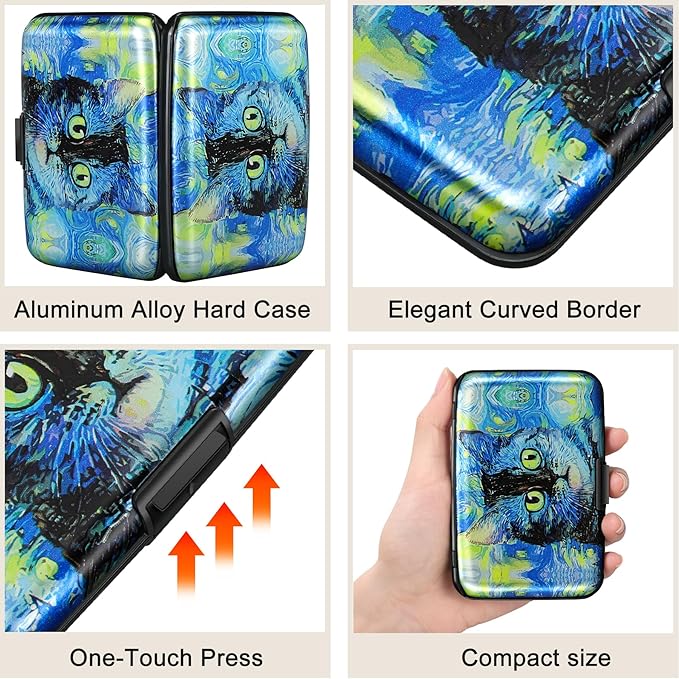 ELFISH Mini RFID Aluminum Wallet Credit Cards Holder Business Card Case Metal ID Case for Men Women(Blue Cat)