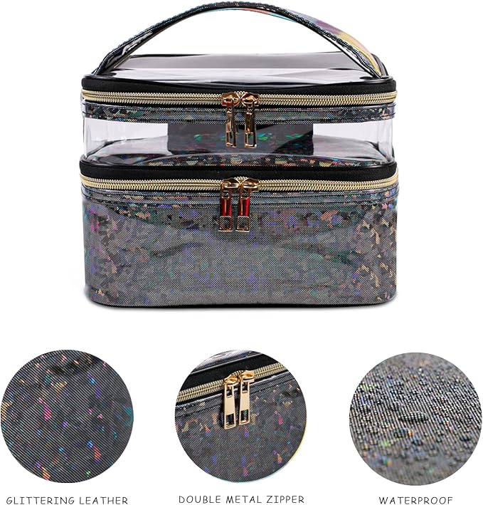 Double-layer Makeup Bag Cosmetic Bag Travel Makeup Cases Organizer Toiletry Bag Gift for Women, Portable Waterproof (Black)