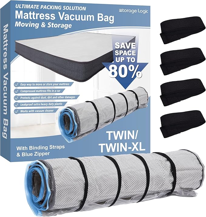 Storage Logic Foam Mattress Vacuum Bag with Blue Zipper, Mattress Storage Bag, Straps Included, Twin/Twin-XL