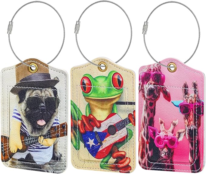 Fishent Luggage Tag (3 Pack) - PU Leather, Rectangular, Cute Animals, Privacy Flap - Travel Tags for Suitcases, Cruise, Backpack, Handbag, School Bag, Baggage Identifier
