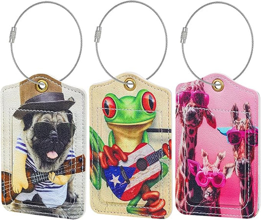Fishent Luggage Tag (3 Pack) - PU Leather, Rectangular, Cute Animals, Privacy Flap - Travel Tags for Suitcases, Cruise, Backpack, Handbag, School Bag, Baggage Identifier