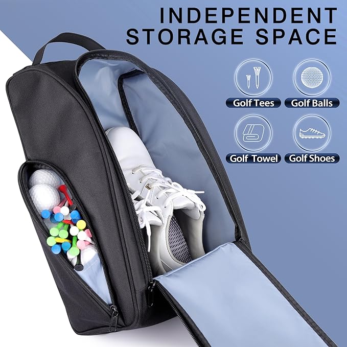 Golf Shoe Bag, Zipper Sports Shoe Strap Bag with Side Accessory Pocket for Storing Golf Accessories, Padded Golf Shoe Carry Bags with Clasped Strap Handle (Black)