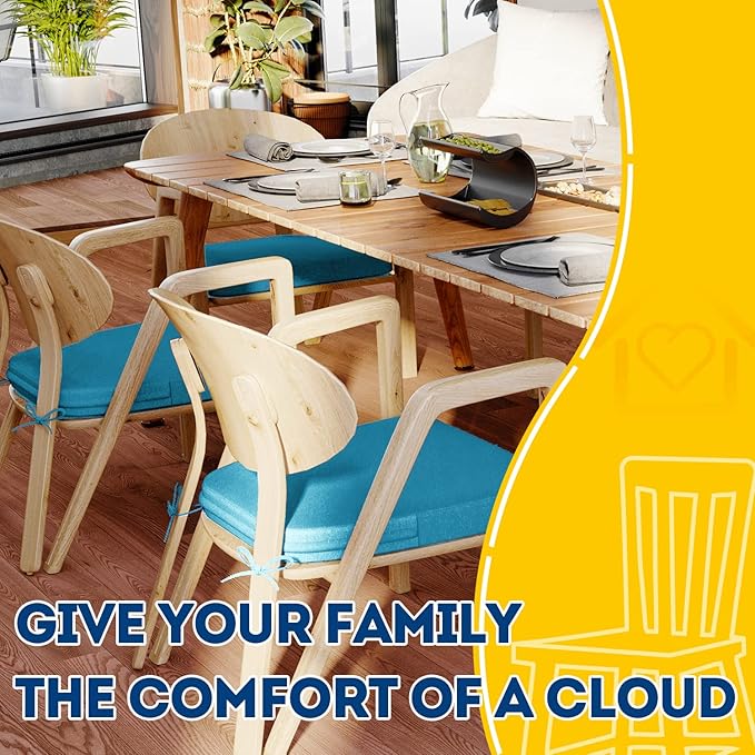 AAAAAcessories D-Shaped Chair Cushions, 2" Thick Dining Chair Pads with Ties and Removable, Machine-Washable Cover, 17" x 16", Set of 6, Teal