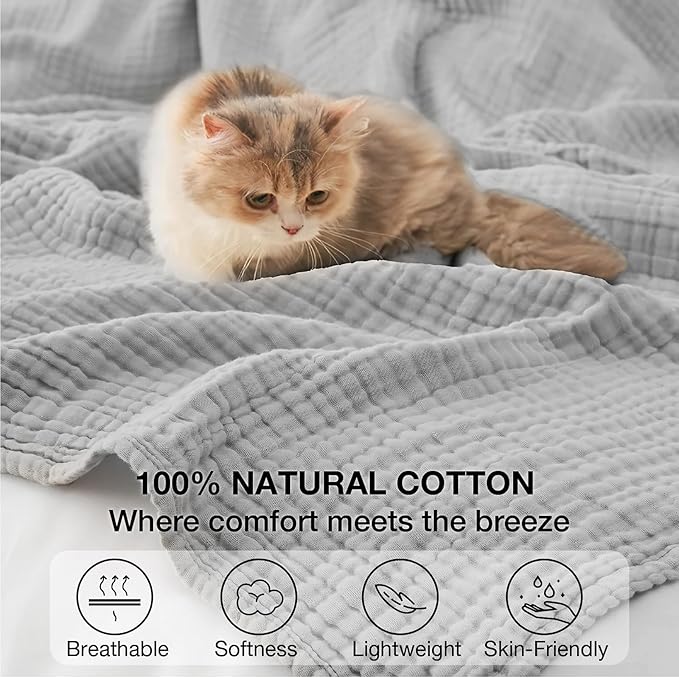 100% Cotton Muslin Blanket Twin 66" x 90", Breathable and Lightweight Cotton Twin Blankets for Couch, Soft Cooling Summer Gauze Blanket for Adults All Season, Light Grey