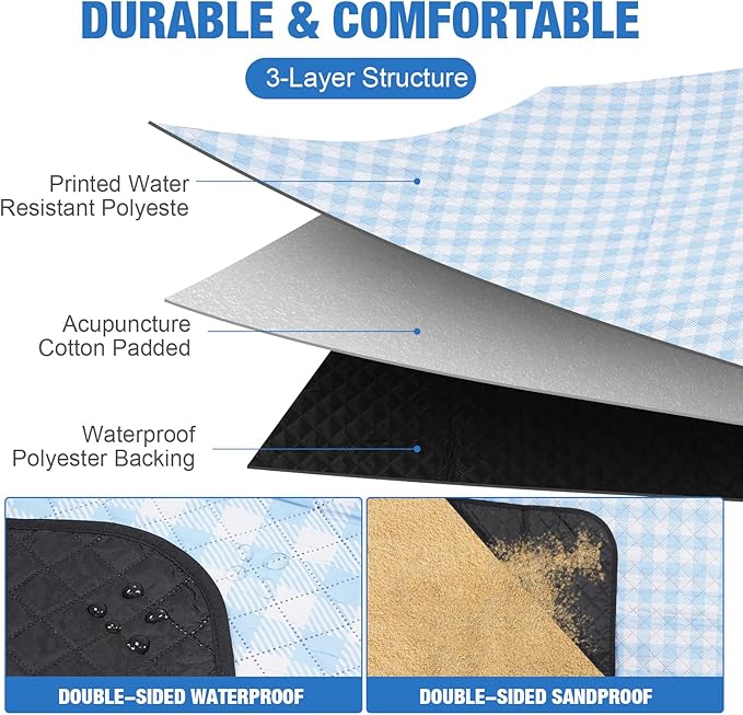 G GOOD GAIN Picnic Blankets Outdoor Extra Large - 80"x80" Portable Waterproof Picnic Blanket, Machine Washable 3-Layer Foldable Park Mat with Sandproof Backing for Grass, Hiking, Travel (Sky Blue)