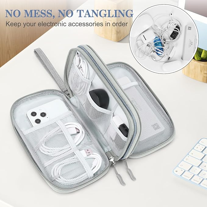 FYY Electronic Organizer, Travel Cable Organizer Bag Pouch Electronic Accessories Carry Case Portable Waterproof Double Layers Storage Bag for Cable, Charger, Phone, Earphone, Medium Size, Light Grey