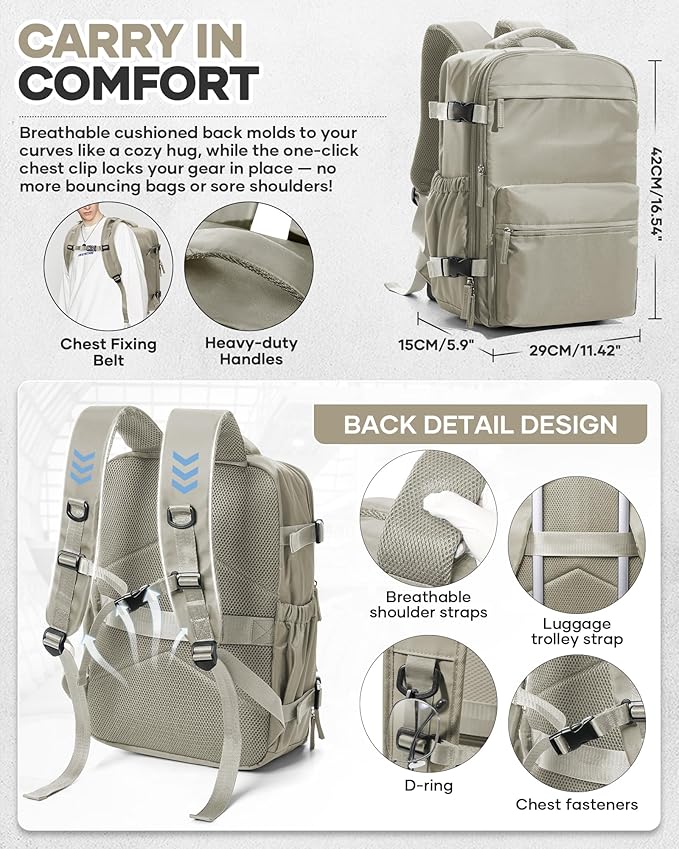 Vacuum Travel Backpack with Pump for Women,Personal Item Carry on Backpacks Flight Approved 18x14x8 inches for Men,Laptop Waterproof Work Compression bags Casual Daypack GreyBrown