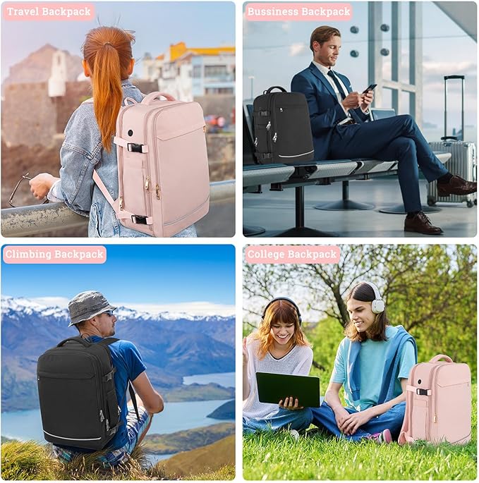 Large Travel Backpack for Women, 40L Travel Bag Personal Item Size, Laptop Backpacks, Waterproof Carry On Backpack with Packing Cubes for College Business Hiking Work Essentials, Pink