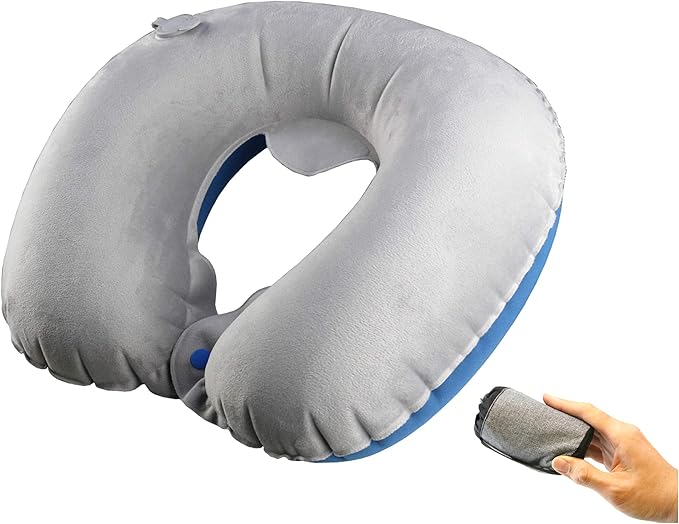 TREKOLOGY Inflatable Neck Pillow for Travel – Compact Ultralight Air Pillow with Button Inflation & Quick Deflate – Dual-Fabric Neck Support Cushion for Airplane, Car, Train, Bus