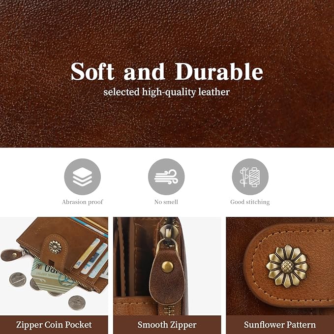 Wallet Women,RFID Blocking Leather Womens Wallet Bifold Compact Card Holder Small Wallet for Women with Removable ID Window zsbrown