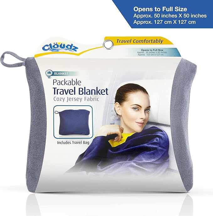 Cloudz Super Soft Jersey Airplane Travel Blanket for Your Flight, Car, Camping, Home or Comforting Warmth Anywhere! Large in Size at 50"x 50" and Includes a Bag! - Heather Grey