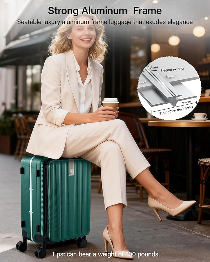 Hanke 24 Inch Checked Luggage Front Opening Rolling Suitcase Hard Sided Luggage with Spinner Wheels Travel Luggagefor Woman Men.(Dark Green)