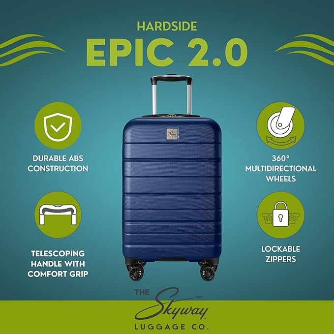 Skyway Epic 2.0 Hardside Lightweight and Durable ABS Shell Luggage, Spacious with Dual Spinning Wheels, Comfort Grip, Men and Women, Carry-on, 20-inch, Royal Blue