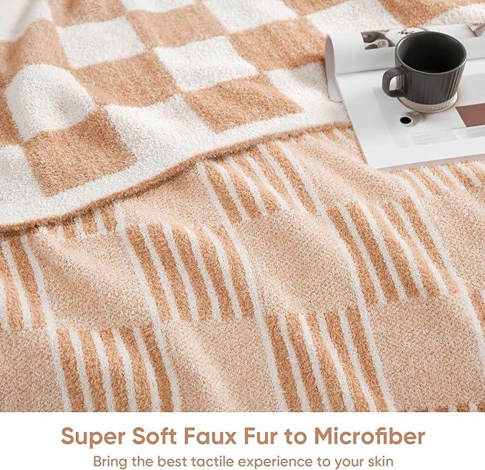 Snuggle Sac Checkered Throw Blanket Faux Fur Microfiber Blankets for Couch,Reversible Soft Cozy Warm Blanket for Sofa Bedroom,Cute Lightweight Striped Throws for Women,Heather Beige,60x80 inches
