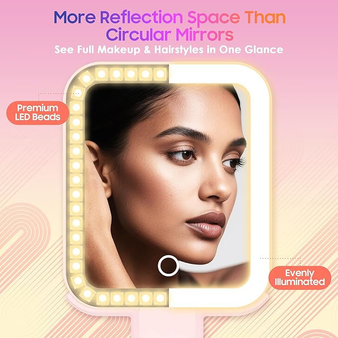 GOMIPURU Magnifying Travel Mirror with Light, 30X/1X Double-Sided Magnifying Mirror with 3 Color Lights, Brightness Adjustable,Foldable Handheld Makeup Mirrors Portable for Travel and Desktop Use,Pink