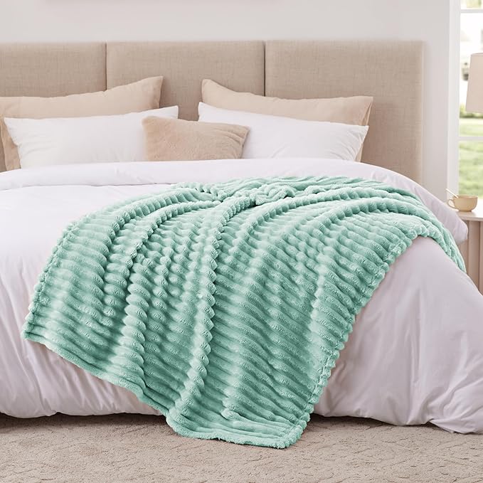 EXQ Home Fleece Throw Blanket for Couch or Bed - 3D Stripe Jacquard Decorative Blankets - Cozy Soft Lightweight Fuzzy Flannel Blanket Suitable for All Seasons(50"×60",Cyan-Blue)