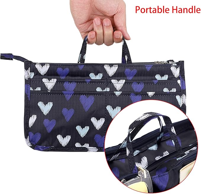 BTSKY Printing Handbag Organizers Inside Purse Insert - High Capacity 13 Pockets Bag Tote Organizer with Handle (Blue Heart)