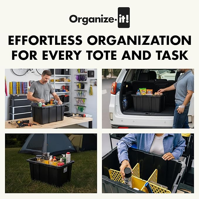 ORGANIZE-IT! 4 Pack 6 Slot Tote Dividers, Durable Plastic Stationery Customizable Organizers for 27 Gallon Storage Containers, Yellow