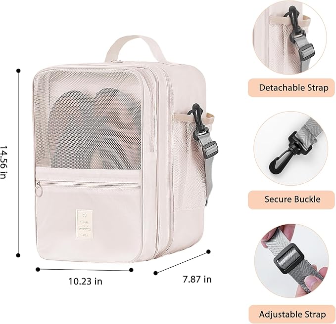 Large Shoe Bags for Travel Holds 4 Pair of Shoes, Shoe Storage Pouch with 3 Layers Compartments, Waterproof & Washable (Cream)