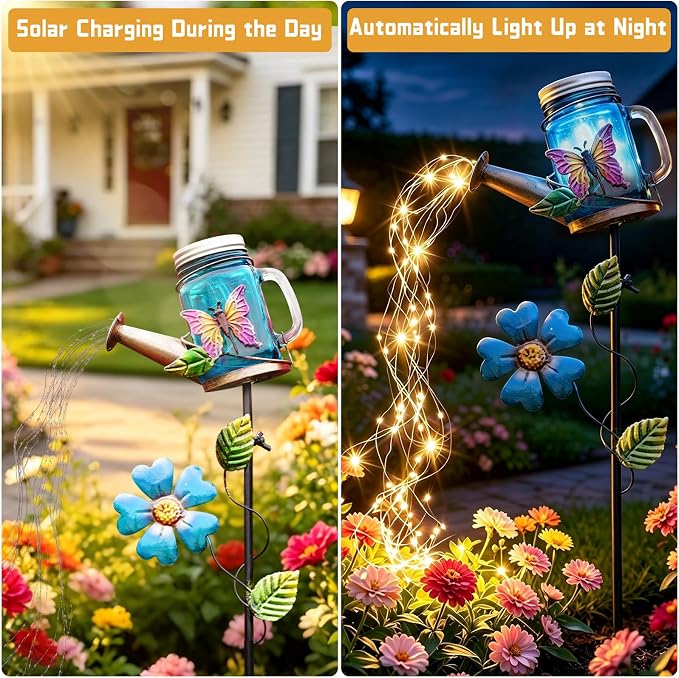 SRNPMIU Solar Watering Can Light, Butterfly Outdoor Decor Lights | IP65 Waterproof, Hanging Butterfly Garden Light, Outside Garden Flower Bed Decor, Women Gift, Birthday Gifts