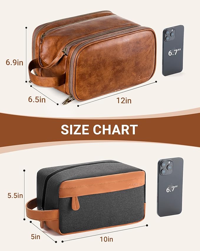 Elviros Travel Toiletry Bag Gift for Men，Mens Toiletries Bag Gifts Set Shaving Dopp Kit Water-resistant Bathroom Toiletries Organizer PU Leather Cosmetic Bags 2 Pack Brown