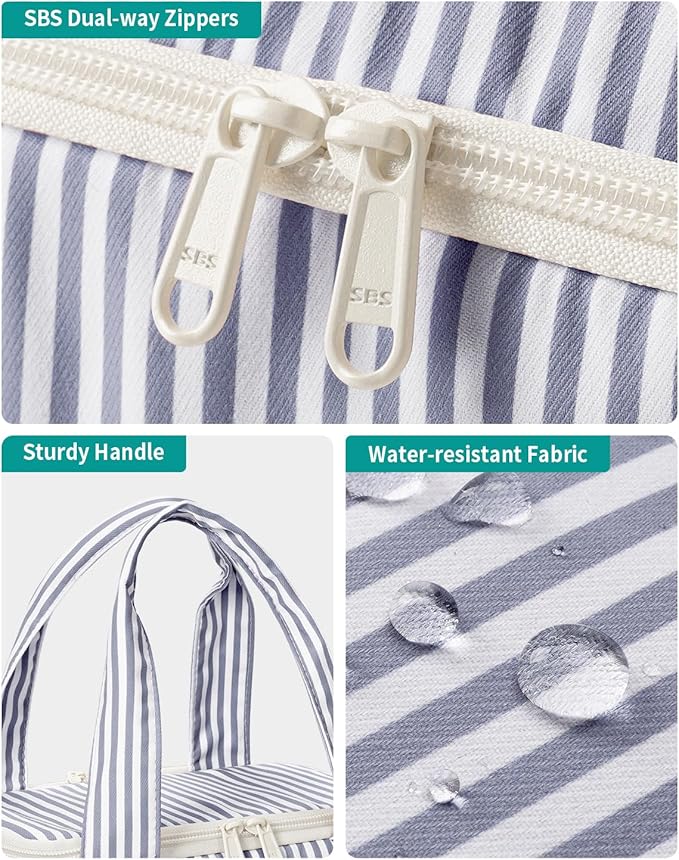 Narwey Striped Travel Toiletry Bag for Women Large Makeup Bag, Wide-open Cosmetic Make Up Organizer with Handle, Travel Bag for Toiletries, Essentials, Accessories (Greyish Blue Stripe)