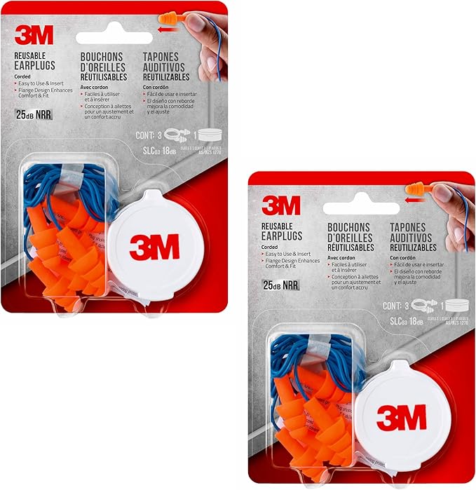 3M Corded Reusable Earplugs, 3 Pack, Noise Reduction Rating (NRR) 25 dB, Easy to Use & Insert, Pliable & Tri-Flange Design Enhances Comfort & Fit, Orange Ear Plugs (90716H3-DC), 3 Pair (Pack of 2)